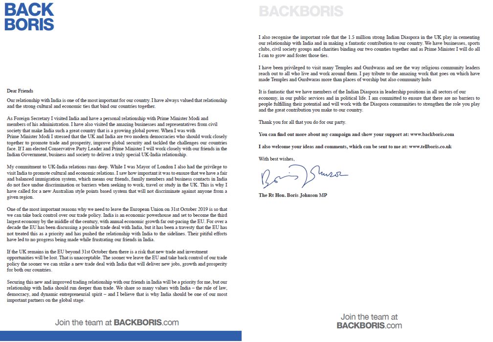 Boris Johnson's open letter to the Indian diaspora Tory membership base. Photo courtesy: Twitter/@patel4witham