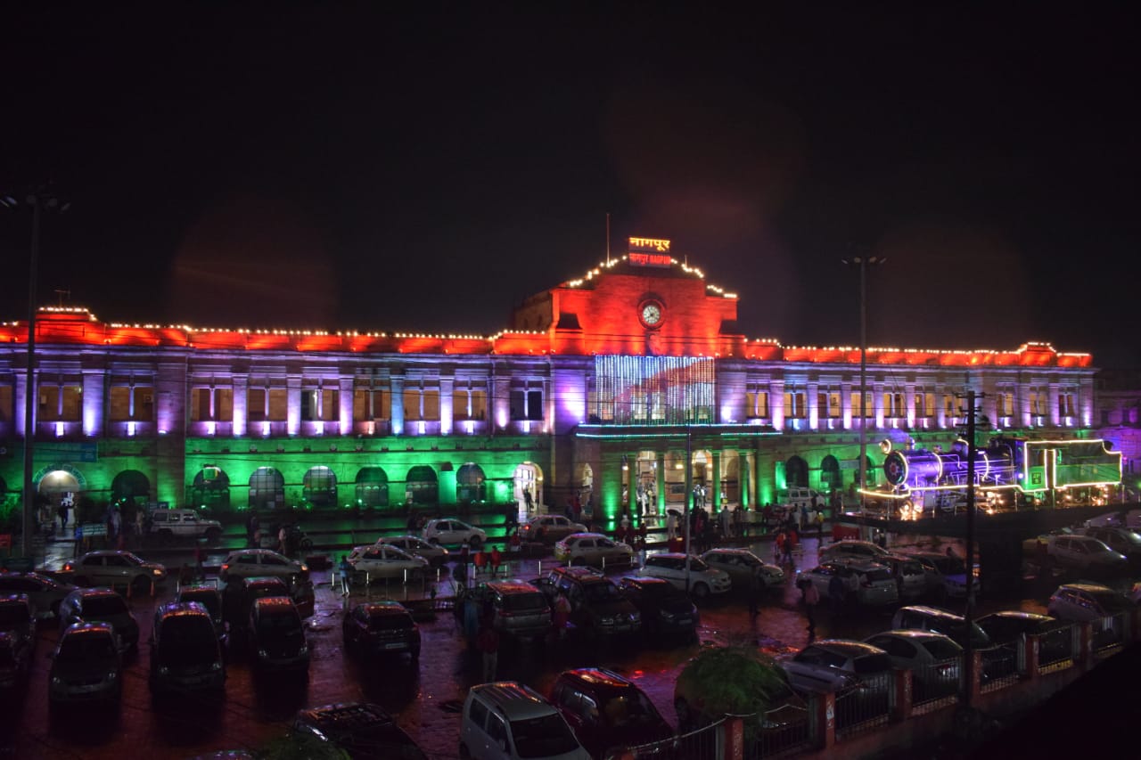Nagpur Station lit up in the tricolour. Photo courtesy: Twitter/@Central_Railway