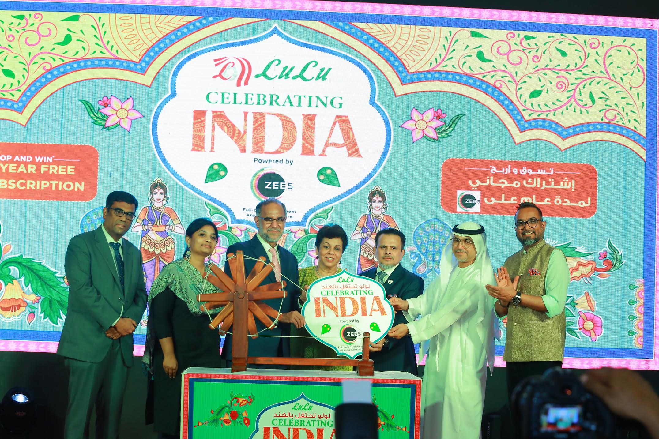 (Left to Right) Lulu Official; Archana Anand, CBO, ZEE5 Global; H.E. Navdeep Suri, Indian Ambassador to the UAE with his wife; Saifee Rupawala, LuLu Group CEO; Arab Govt. official and Nandakumar V, Head of Marketing and Communications, Lulu Group. Photo courtesy: ZEE5