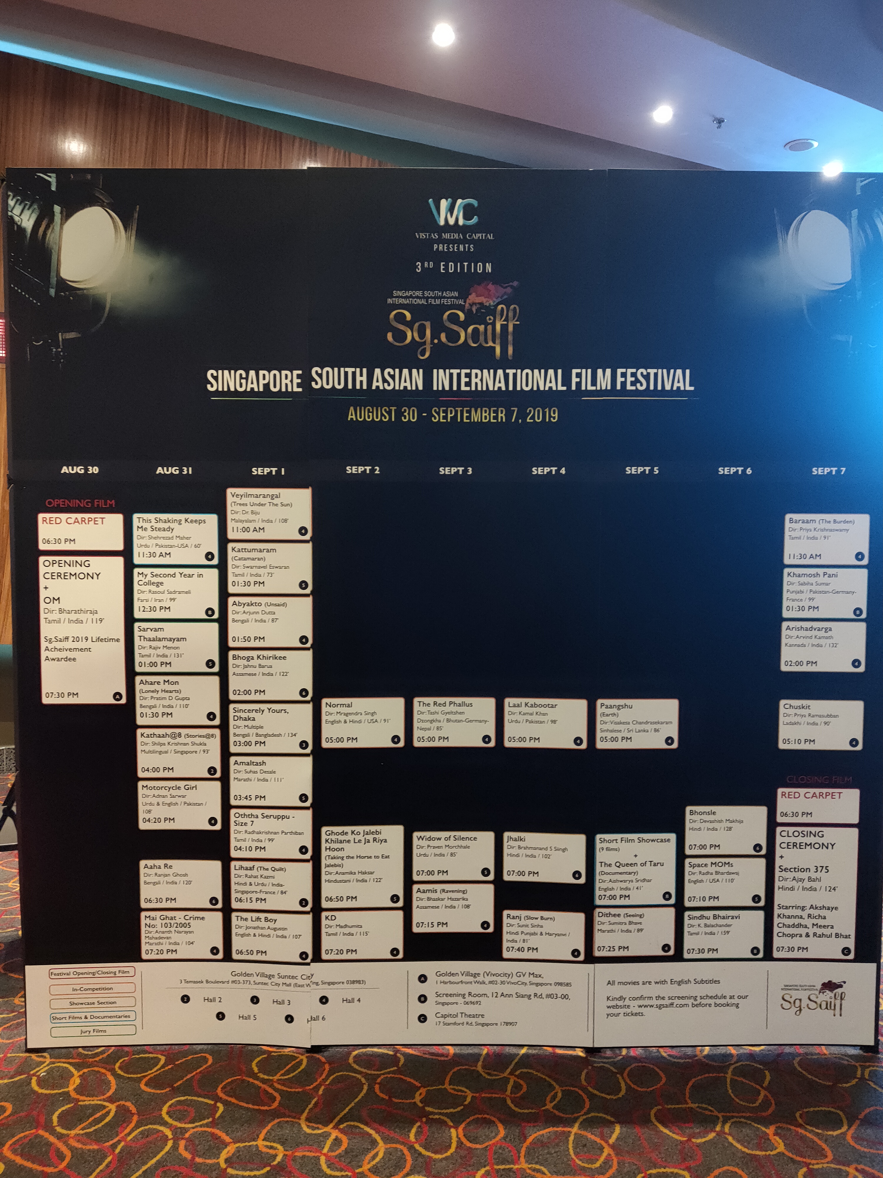 Schedule at a glance: date, time and venue of the movies at Sg. SAIFF 2019. Photo courtesy: Connected to India