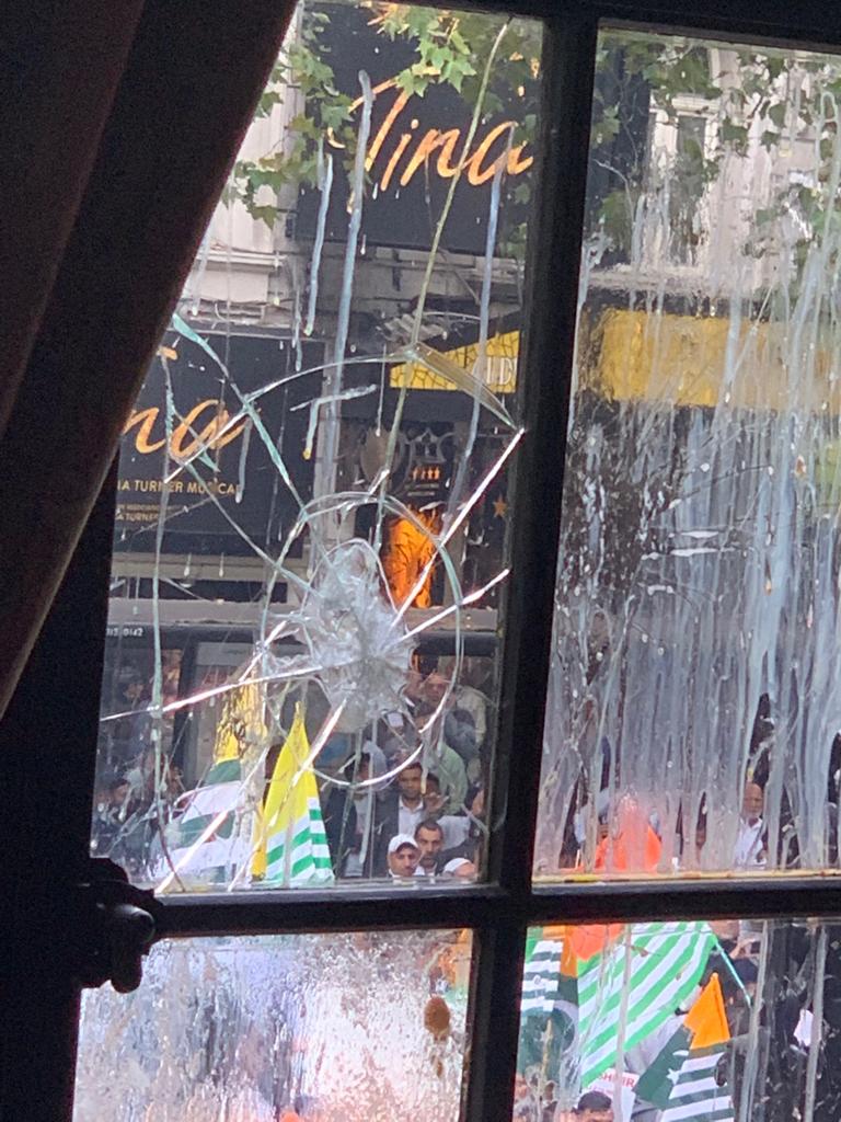 Protesters damaged the Indian High Commission building in London on Tuesday. Photo courtesy: Twitter/@HCI_London