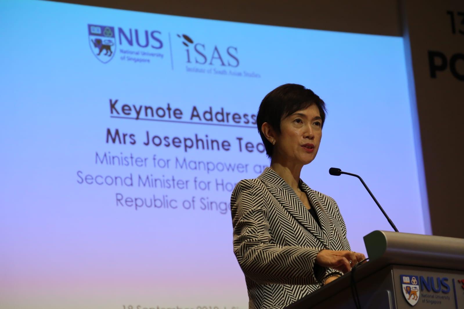 Josephine Teo, Minister for Manpower and Second Minister for Home Affairs, speaking at the 13th International Conference on South Asia. Photo courtesy: ISAS