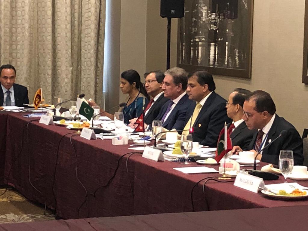 Pakistan Foreign Minister Shah Mahmood Qureshi (third from left) arrived only after Jaishankar had left. Photo courtesy: Twitter/@SaarcSec