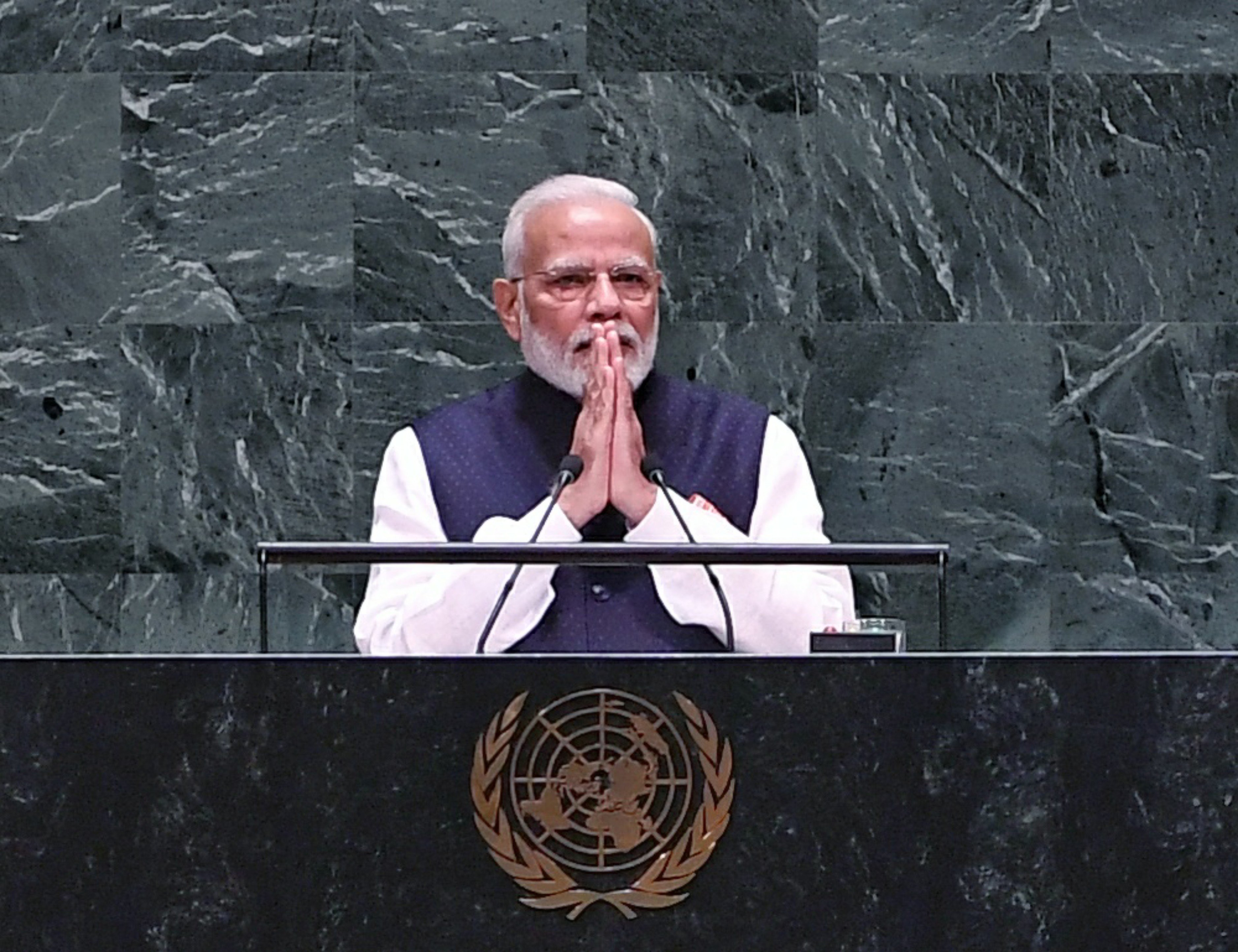 Prime Minister Narendra Modi addressing the UN General Assembly. Photo courtesy: Twitter/@PIB_India