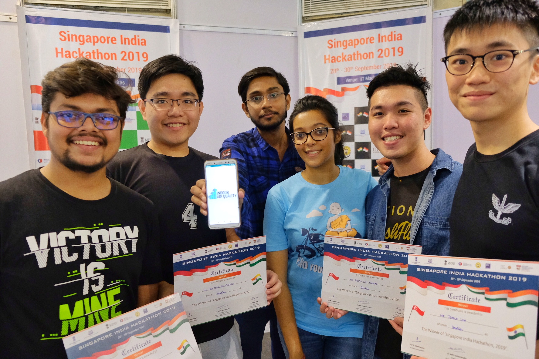 Singapore-India Hackathon 2019 First Prize Winners (from left): Baibhav Kumar, Tan Ming Kai Mitchell, Subham Divakar, Sweta Kabi, Bryan Lim Yuqiang, Jerald Low