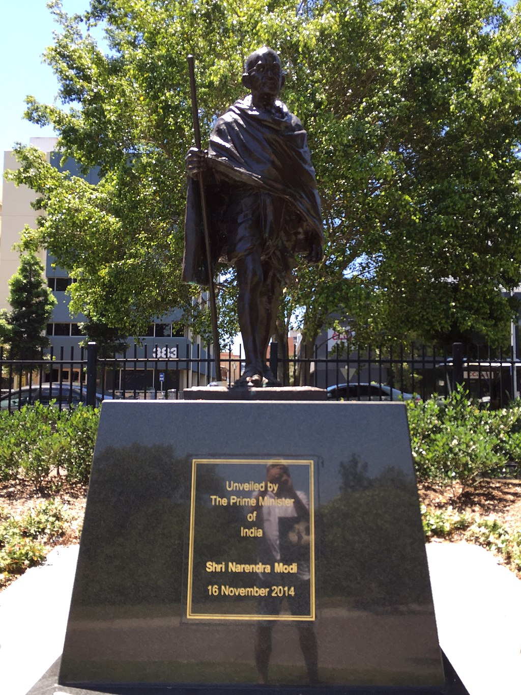 Statue of Mahatma Gandhi Roma Street Parkland in Brisbane, Australia, unveiled in 2017. Photo courtesy: Wikimedia