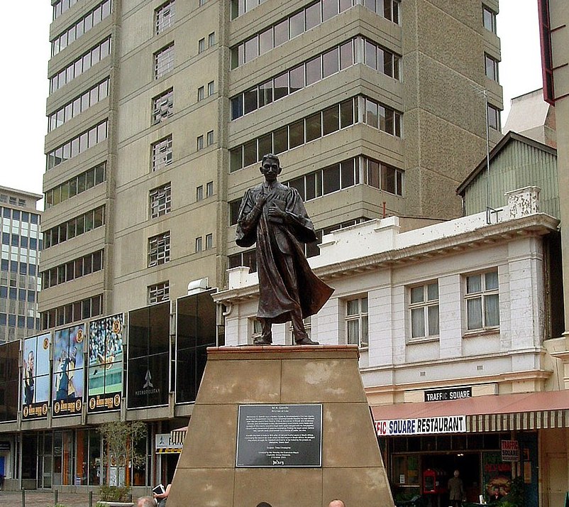 Bronze statue of Mahatma Gandhi as a young man in Gandhi Square, Johannesburg, South Africa. Photo courtesy: Wikipedia