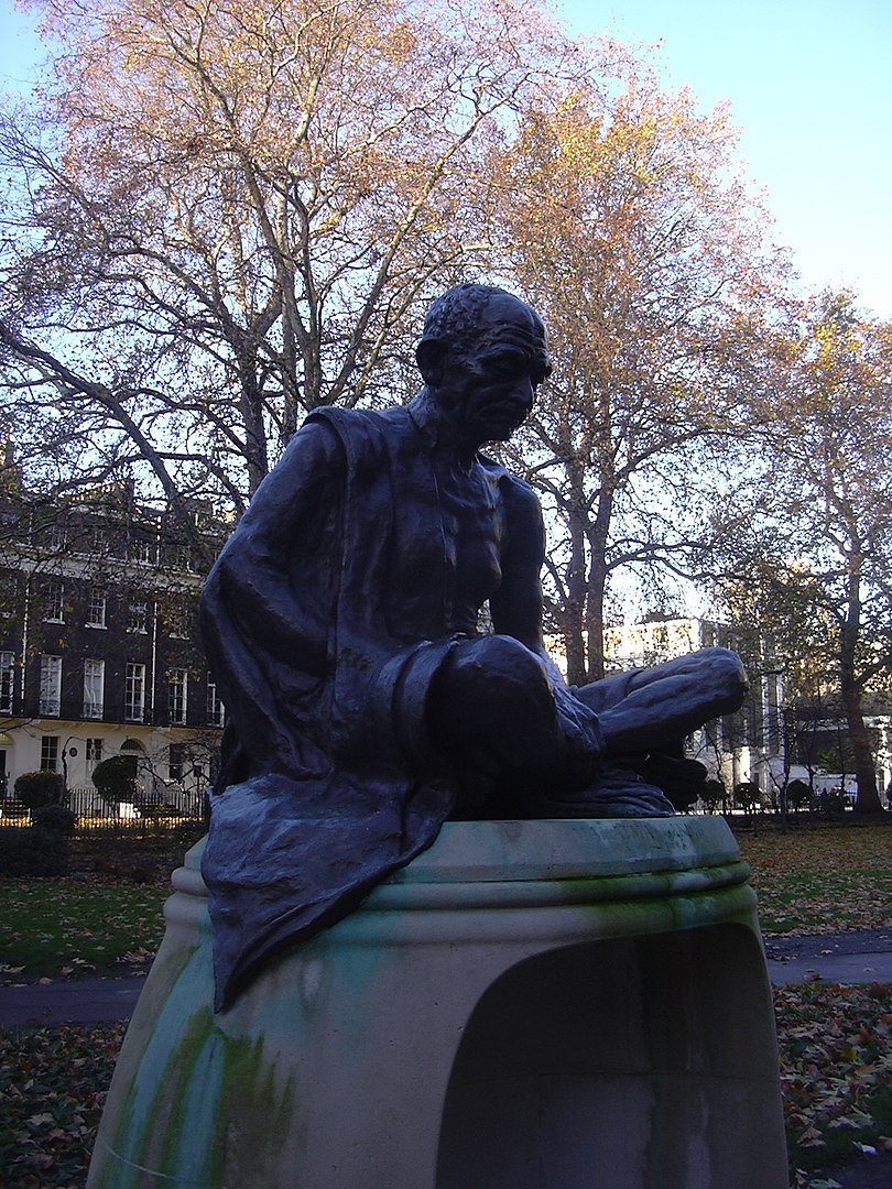 Statue in Tavistock Square near University College London where Gandhi studied law. Photo courtesy: Wikipedia