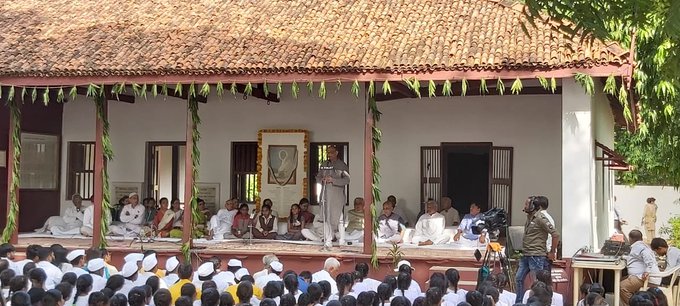 An all-religion prayer meet was organised at Sabarmati Ashram in Ahmedabad to mark #GandhiAt150. Photo courtesy: Twitter/@parthshastriTOI