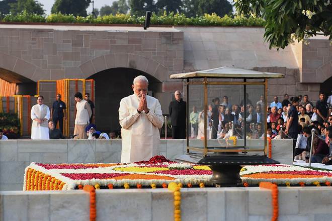 Indian Prime Minister Narendra Modi at Rajghat to mark the 150th anniversary of Mahatma Gandhi's birthday. Photo courtesy: PIB