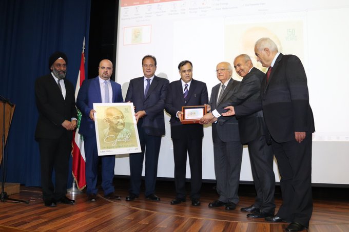 The formal release of a commemorative stamp of Mahatma Gandhi issued by the Government of Lebanon on Wednesday, October 2, 2019. Photo courtesy: Twitter/@IndiainLebanon