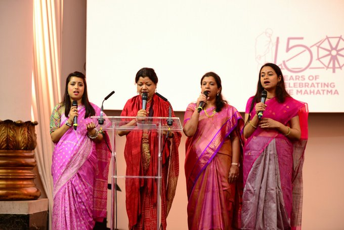 A choir sang bhajans on OCtober 2 at India House in London. Photo courtesy: Twitter/@HCI_London