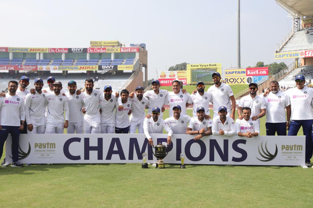 India beat South Africa by an innings and 202 runs in the third test to complete a 3-0 series whitewash. Photo courtesy: Twitter/@ICC