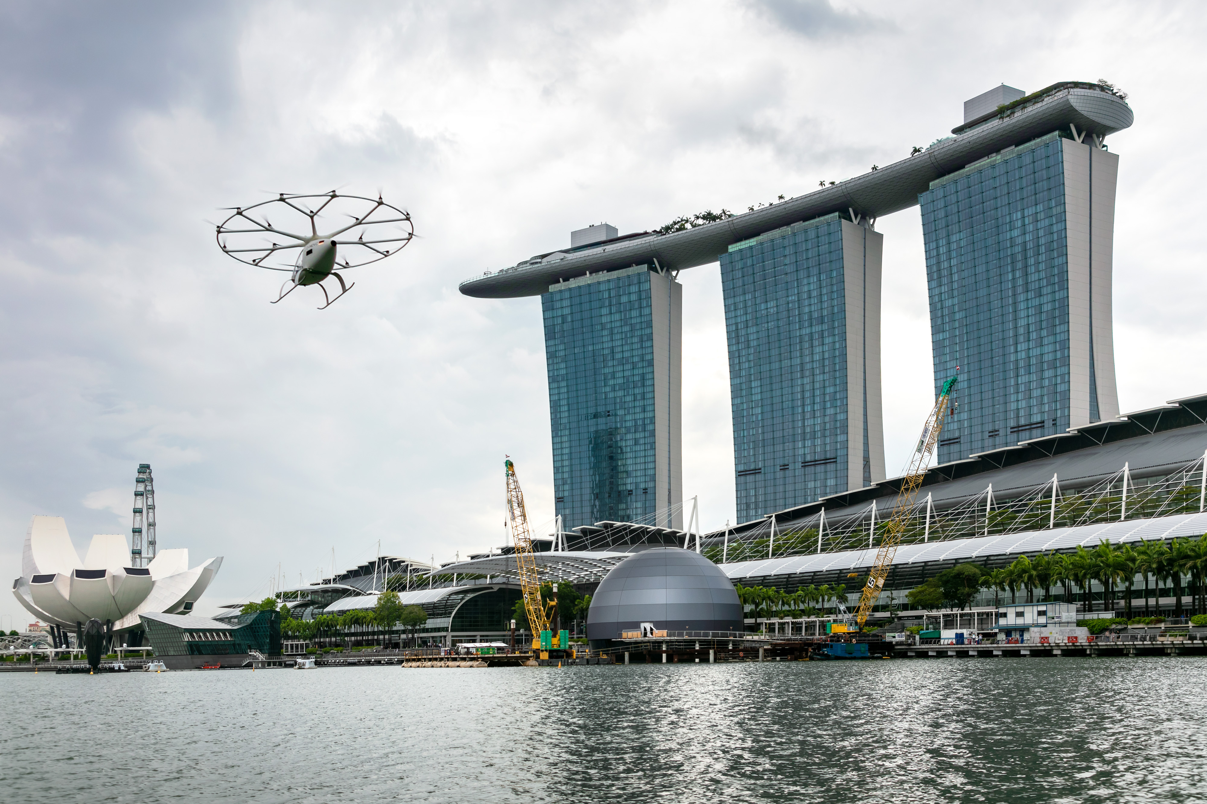 Created by Volocopter, the air taxi flew over Marina Bay on Tuesday. Photo courtesy: Nikolay Kazakov for Volocopter