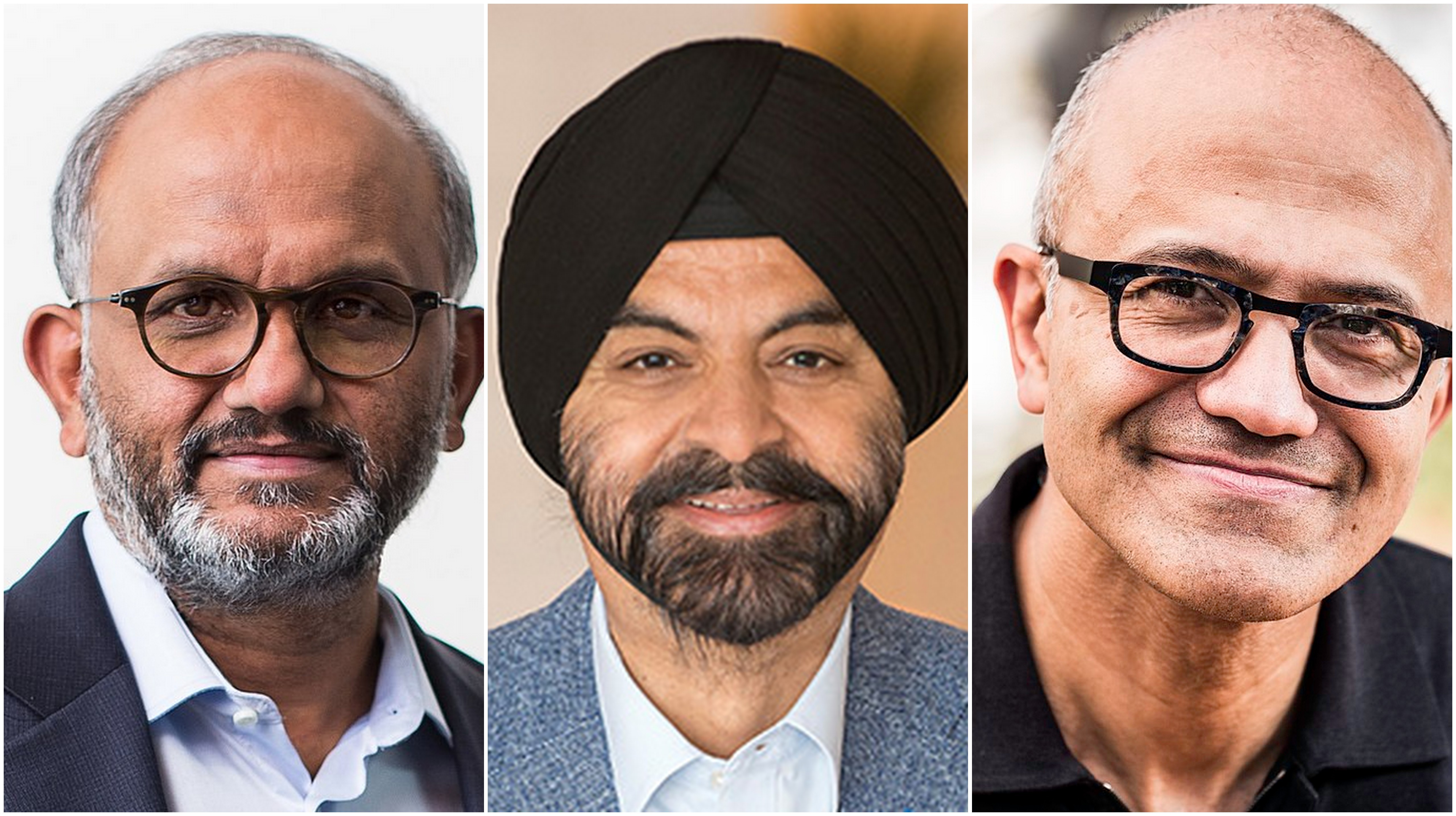 Adobe's Shantanu Narayen (left), MasterCard's Ajay Banga (centre) and Microsoft's Satya Nadella (right) featured in the top 10 of Harvard Business Review’s 'The Best-Performing CEOs in the World, 2019' list. 