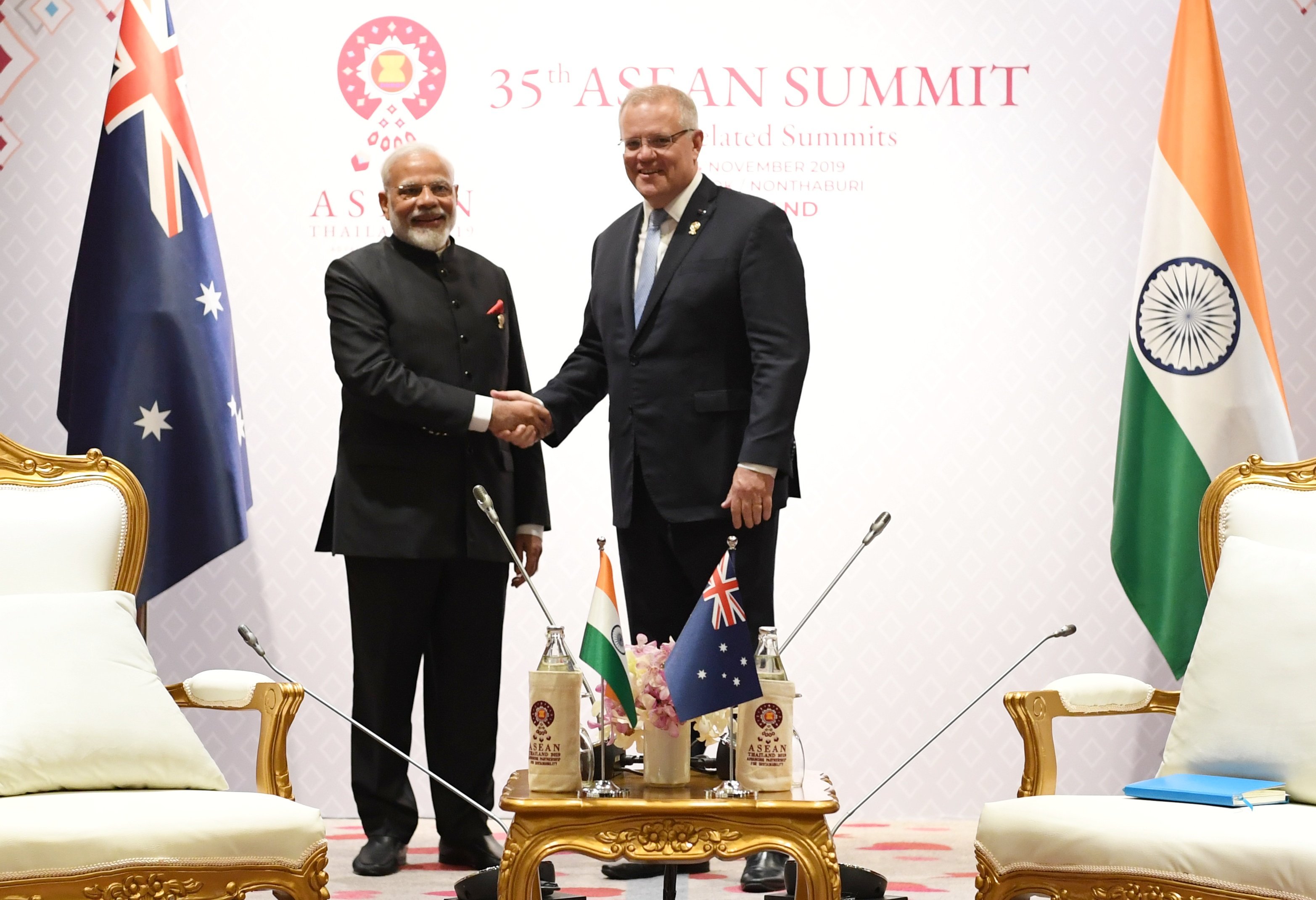 Australian Prime Minister Scott Morrison with Narendra Modi at ASEAN Summit. Photo courtesy: Twitter/@PIB_India