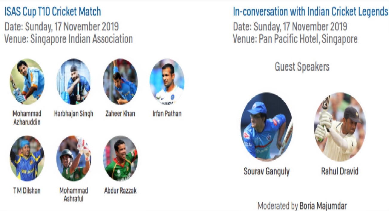 ISAS has lined up an exciting cricket match on Sunday, 17 November with corporate teams and South Asian cricket celebrities from India, followed by the finale, an in-conversation session with Indian cricket legends Sourav Ganguly and Rahul Dravid. 