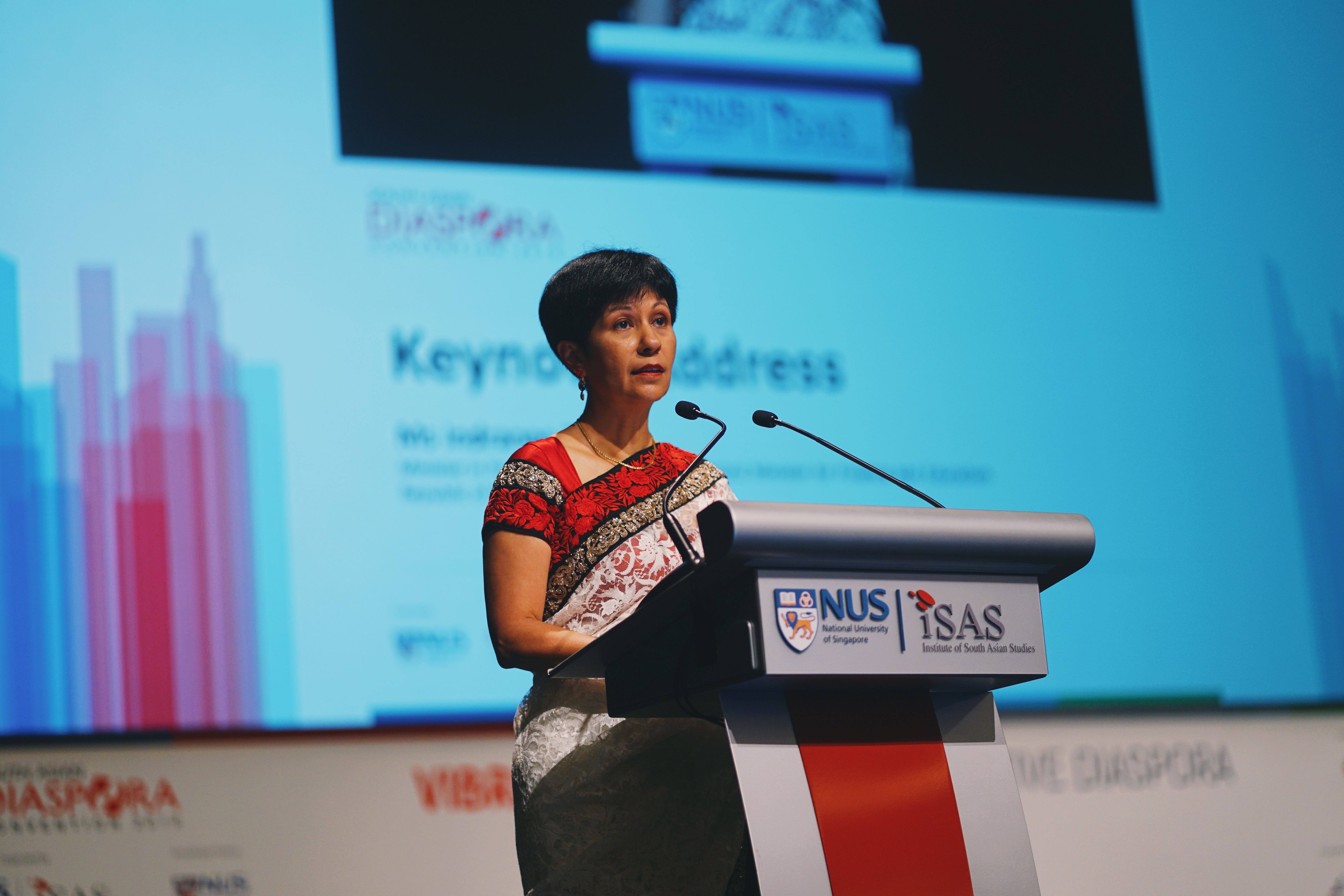 Minister in PMO and Second Minister for Finance and Education Ms. Indranee Rajah spoke on maternal mortality, education, health initiatives, women’s nutrition and equal employment based on meritocracy to ensure women’s participation in the workforce at the 4th South Asian Diaspora Convention. Photo Courtesy: ISAS