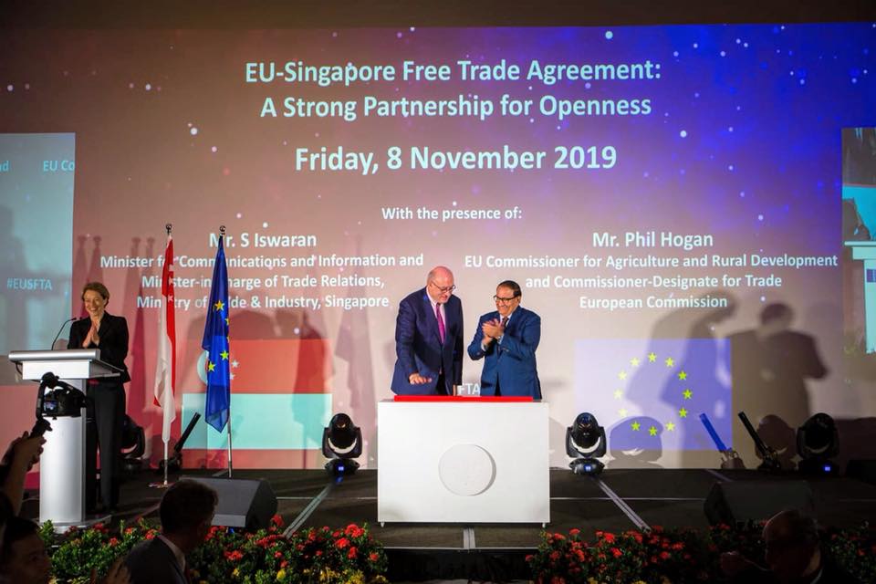 On November 8, Singapore's Minister for Communications and Information and Minister-in-charge of Trade Relations S Iswaran and EU Commissioner-Designate Phil Hogan jointly announced the date which the EUSFTA will enter into force. Photo courtesy: Iswaran FB