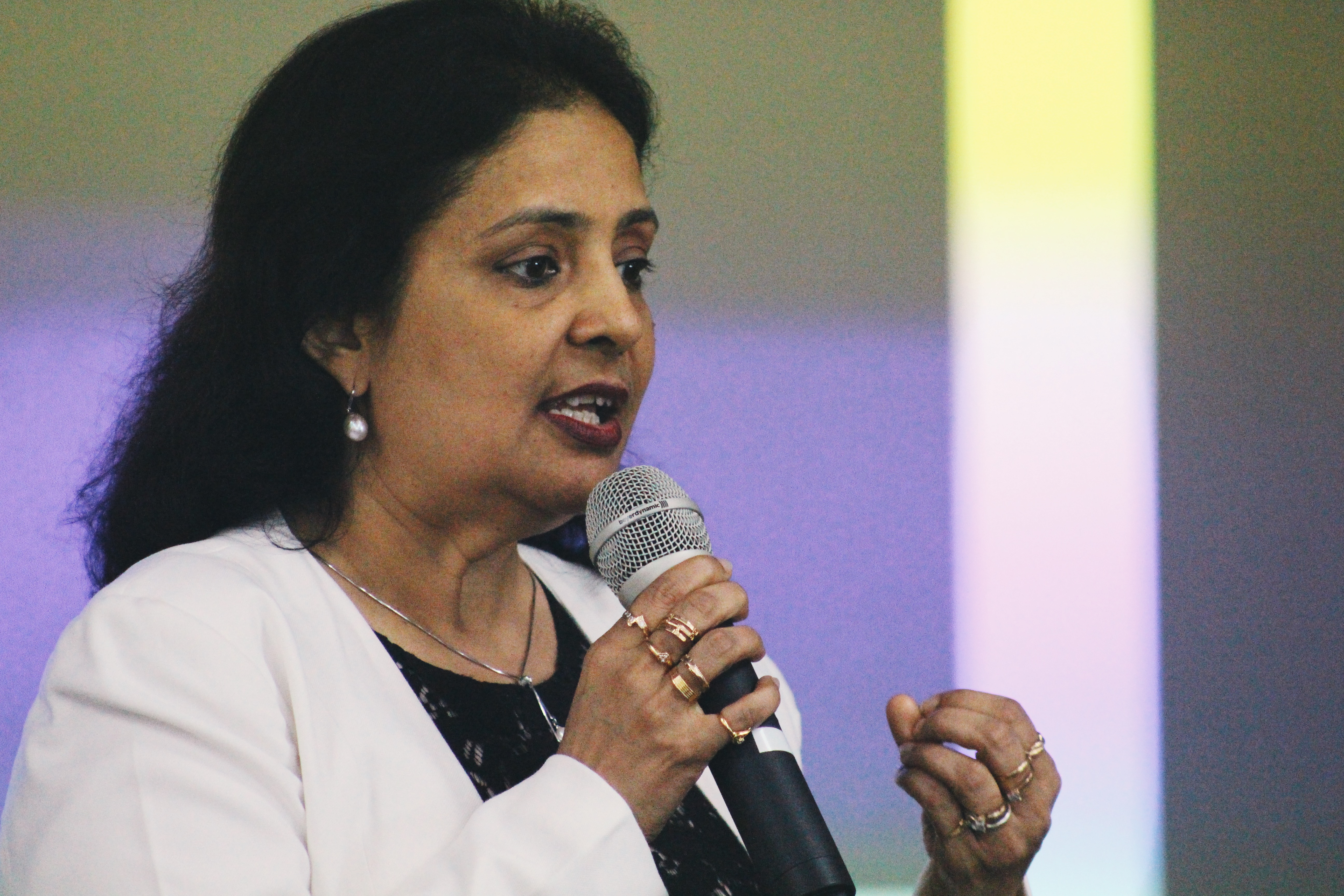 Ms.Maria at a media event sharing about the use of data analytics to measure student performance not only in the classroom but also in the sports field. Photo: Connected to India