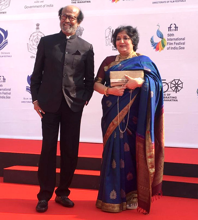 Rajinikanth and wife at the 50th edition of the International Film Festival of India, where he was presented with  Icon of the Golden Jubilee award. Photo Courtesy: IFFI