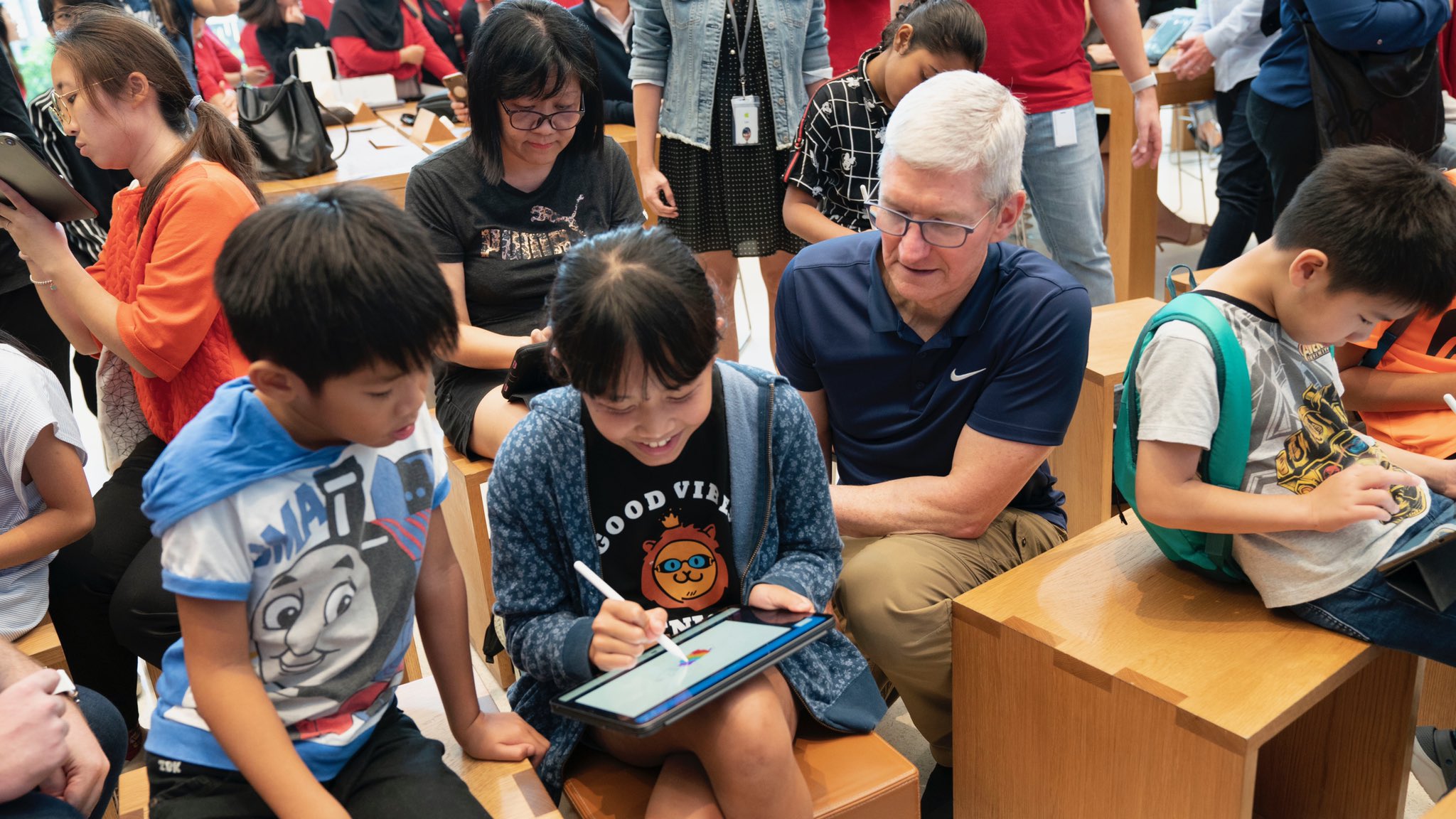 Children at MeshMinds' Today At Apple Session, harnessing the power of ARkit to keep the oceans clean. Photo courtesy: Tim Cook, Twitter