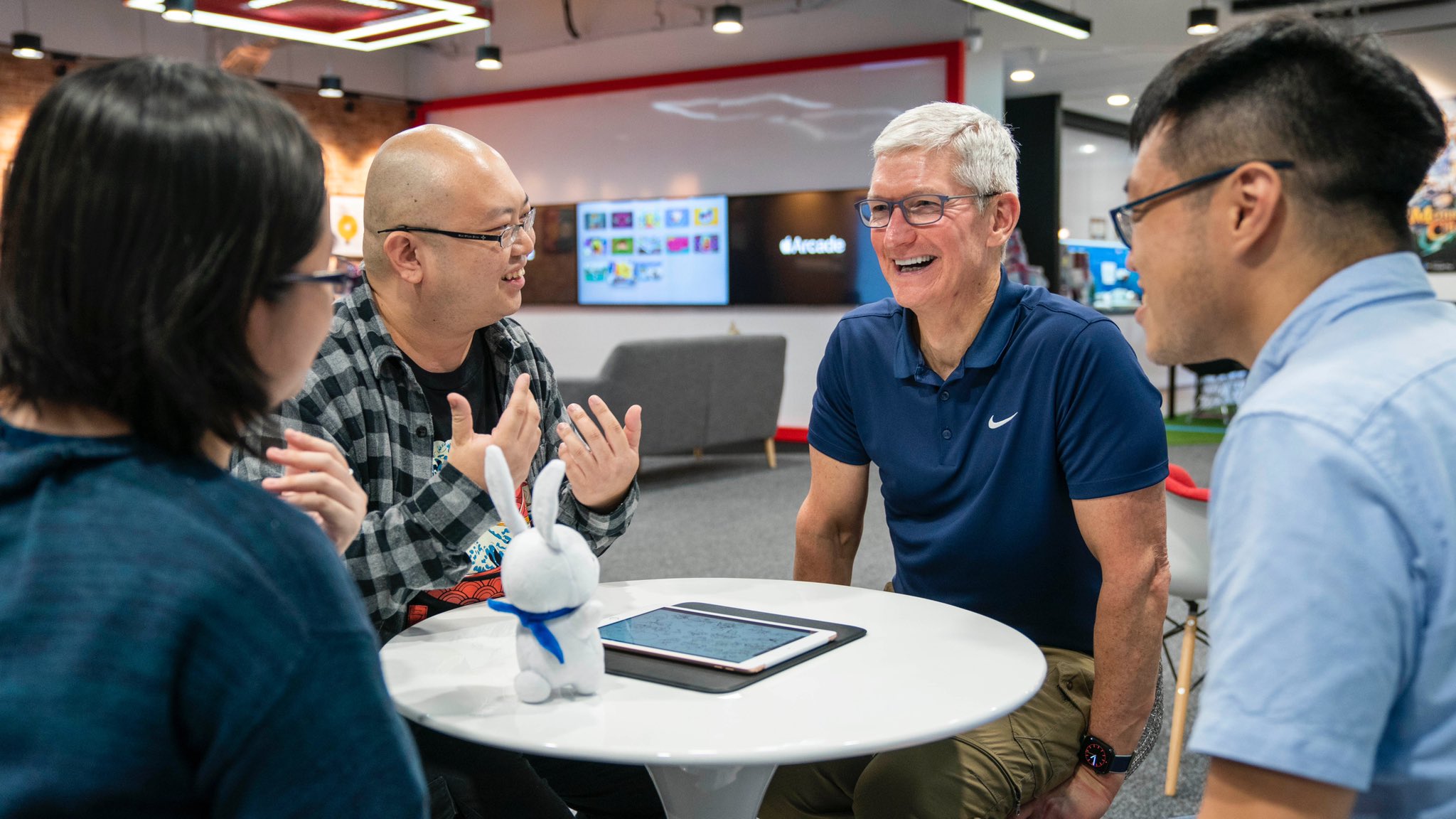 Cook met the teams behind Apple Arcade launch titles The Gentlebros, BattleBrew Productions and Tendays Studio.  Photo courtesy: Tim Cook, Twitter
