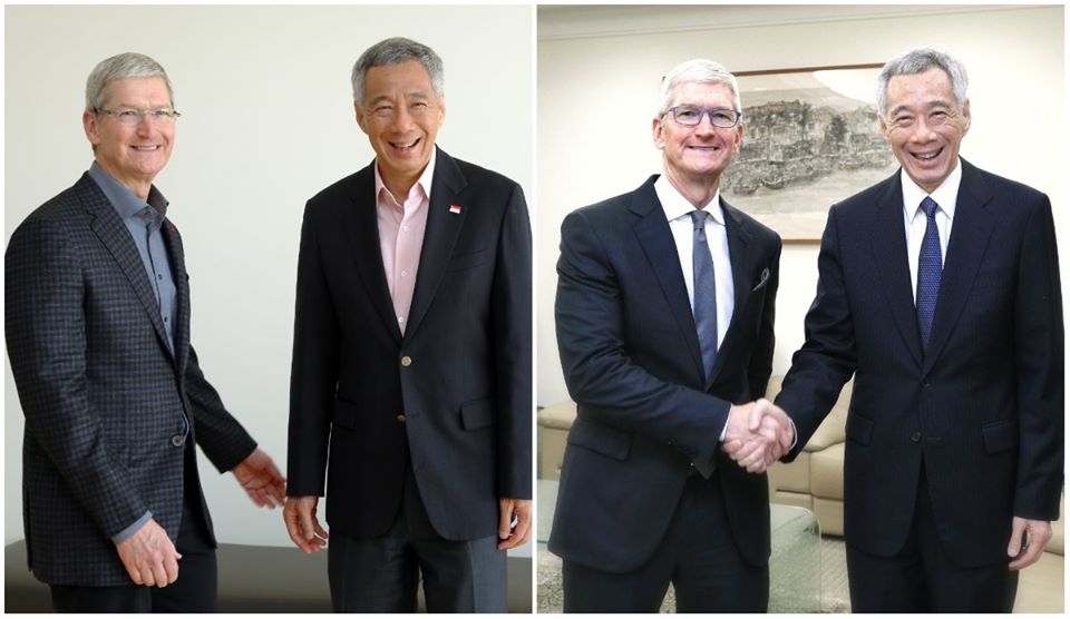 Singapore PM Lee Hsien Loong posted two photos of himself with Apple CEO Tim Cook, taken almost four years apart. (left) At Apple HQ, February 2016. Photo courtesy: MCI, Kenji Soon; in Singapore, December 2019. Photo courtesy: MCI, Lee Jia Wen