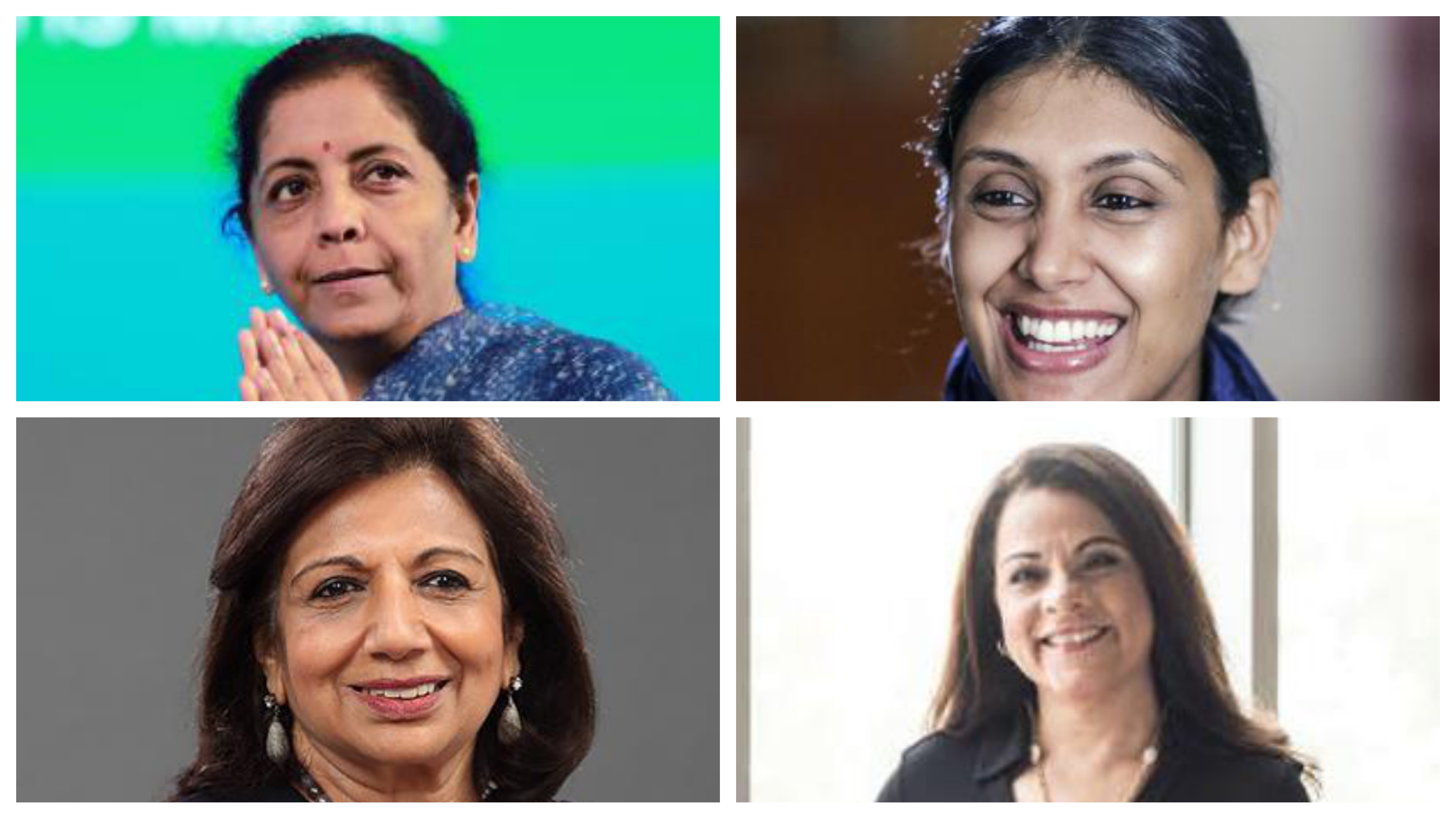 Indian Finance Minister Nirmala Sitharaman, HCL Corporation CEO and Executive Director Roshni Nadar Malhotra, Biocon Founder Kiran Mazumdar-Shaw and Landmark Group chairwoman and CEO Renuka Jagtiani