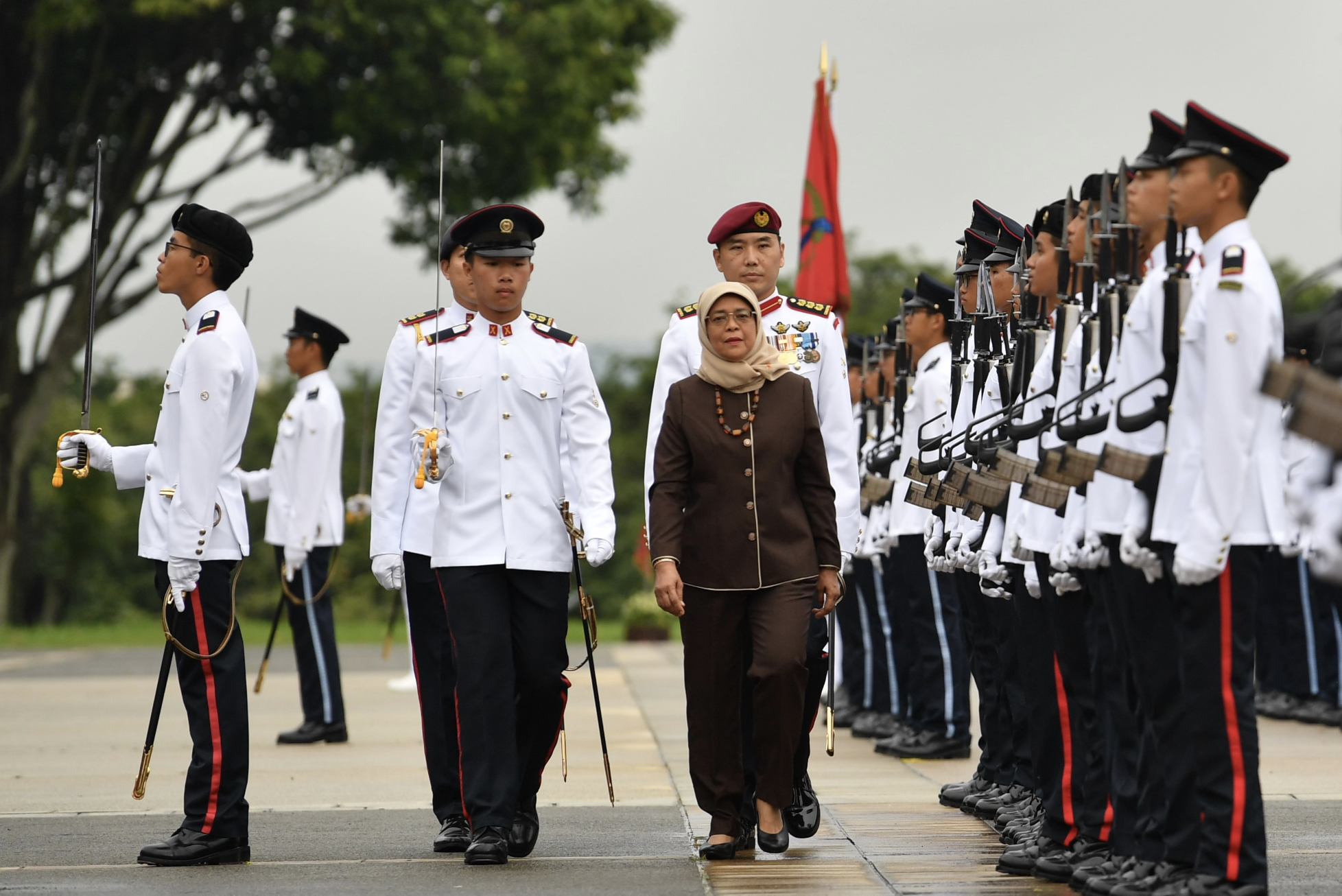 President Halimah Yacob reviewing the contingents at the 115/19 Officer Cadet Commissioning Parade (OCCP) held at SAFTI Military Institute (MI) on December 15. Photo courtesy: Mindef