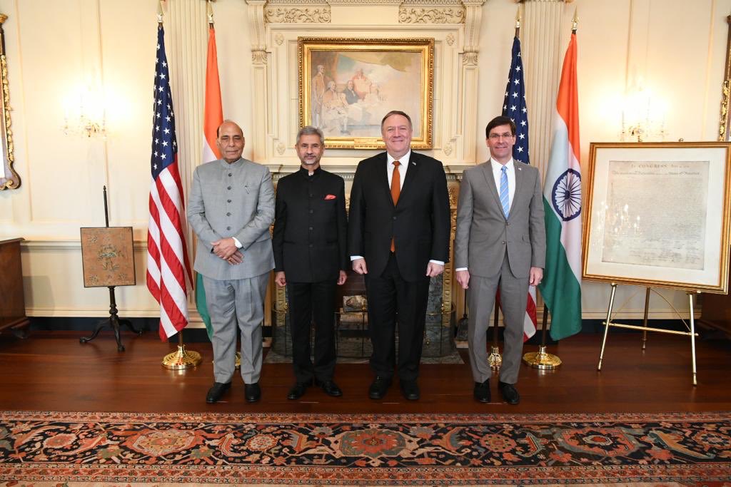 Rajnath Singh, S Jaishankar, Mike Pompeo and Mark Esper at the 2+2 talks.Photo courtesy: Twitter/@rajnathsingh