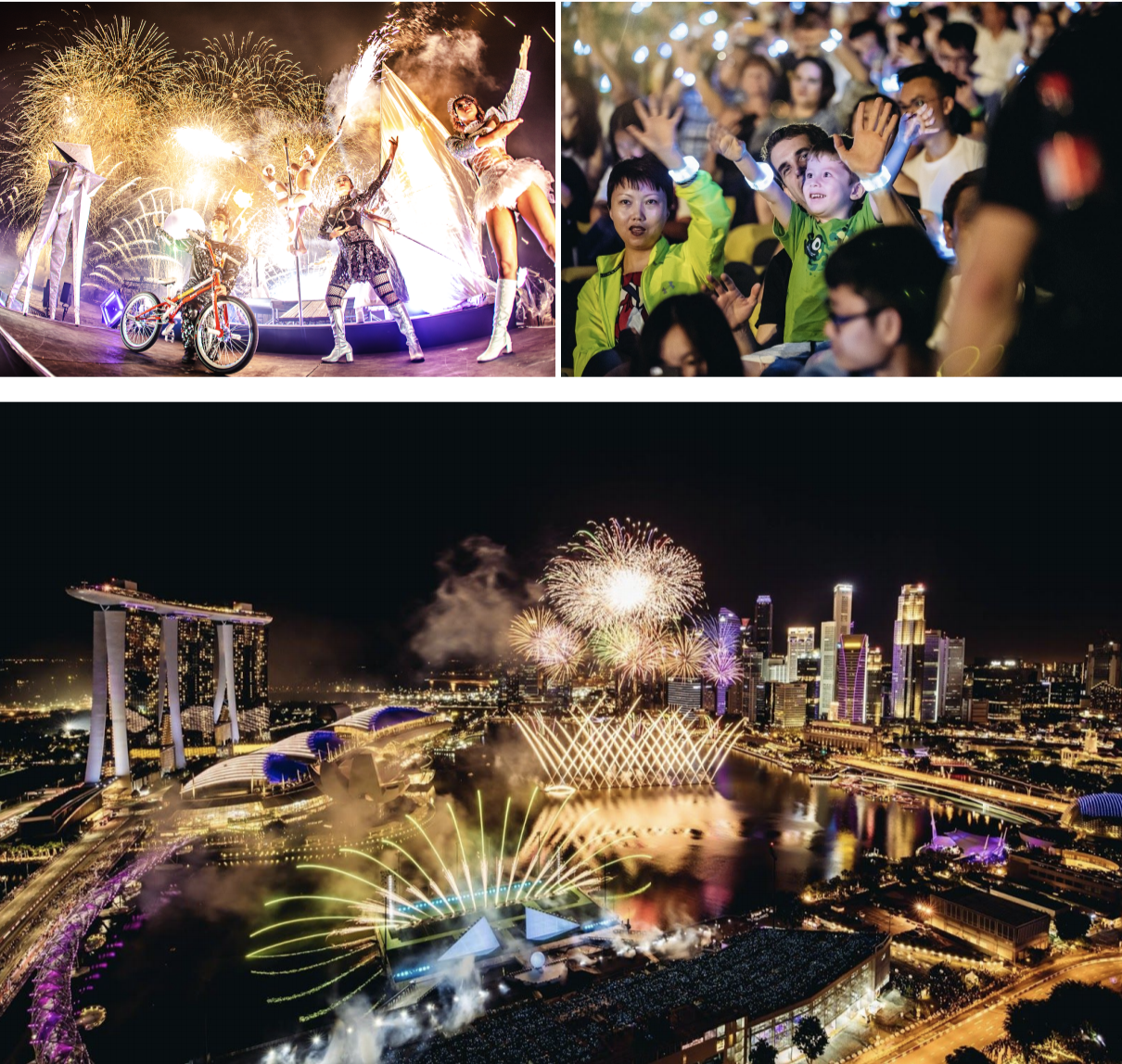 Clockwise from top left: Japanese hanabi synced with world-class performances: special individual LED wristbands for a more immersive show experience ; Breathtaking Japanese fireworks light up Singapore’s skyline. Photo courtesy: Avex