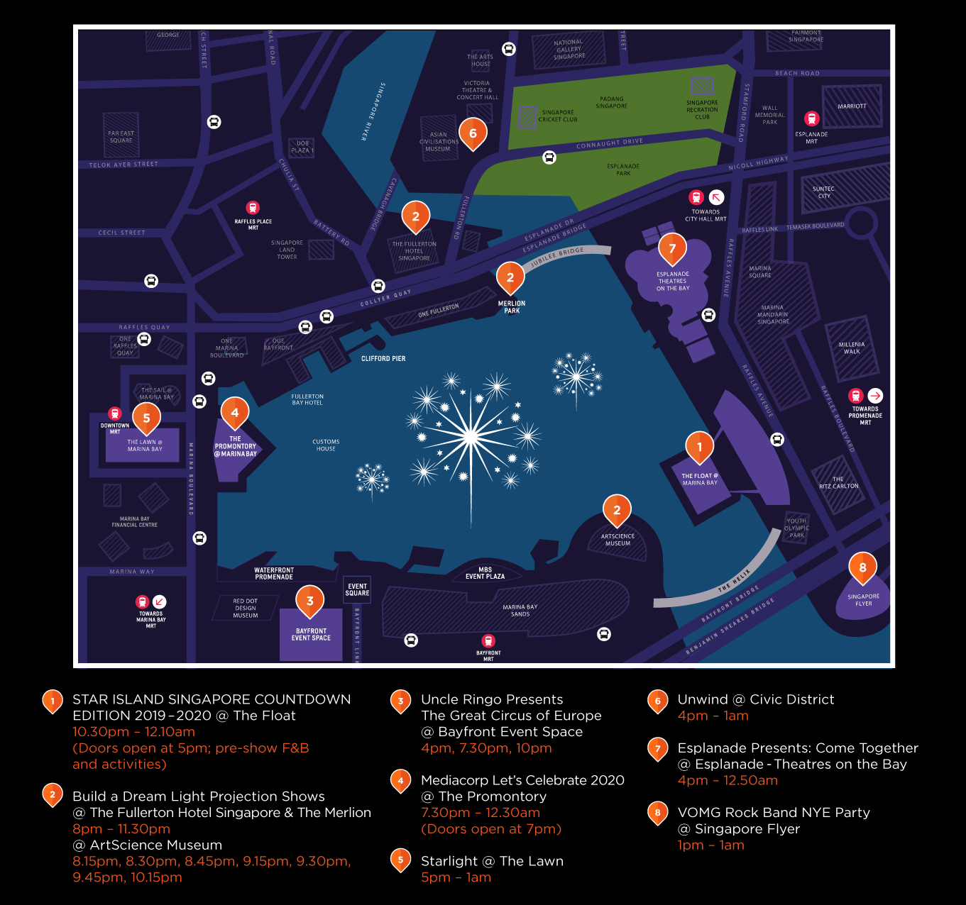 Map of activities around Marina Bay and the Civic District in preparation for countdown 2020.