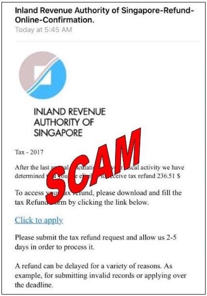 Scam Email titled 'Inland Revenue Authority of Singapore-Refund-Online-Confirmation'. Image: IRAS 