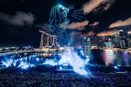 500 drones up in the sky in what was the biggest drone show in world, recreating iconic structures of Singapore Photo courtesy: Urban Redevelopment Authority