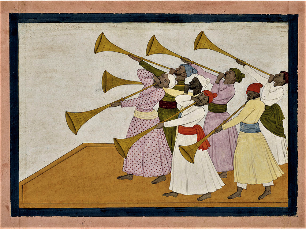 The work shows seven village musicians playing Pahari horns with long pipes known as turhi, their cheeks puffed out with the effort.