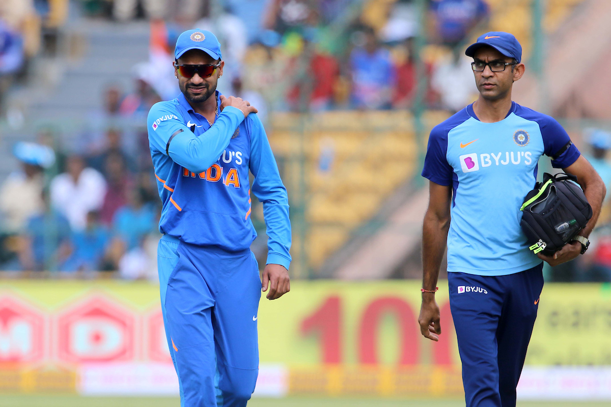 Shikhar Dhawan injured his shoulder after an awkward dive during the 3rd ODI against Australia on Sunday. Photo courtesy: Twitter/@BCCI