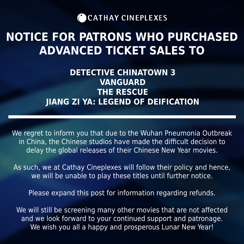 Cathay Cineplexes' posted on its Facebook page about the cancellation of movie screenings due to the Coronavirus and details about how to get refunds. Photo Courtesy: Cathay Cineplex FB