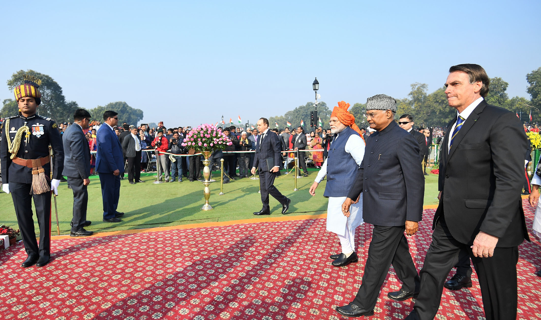 Prime Minister Narendra Modi and the chief guest of this year’s parade, Brazilian President Jair Messias Bolsonaro and President of India, Ram Nath Kovind
