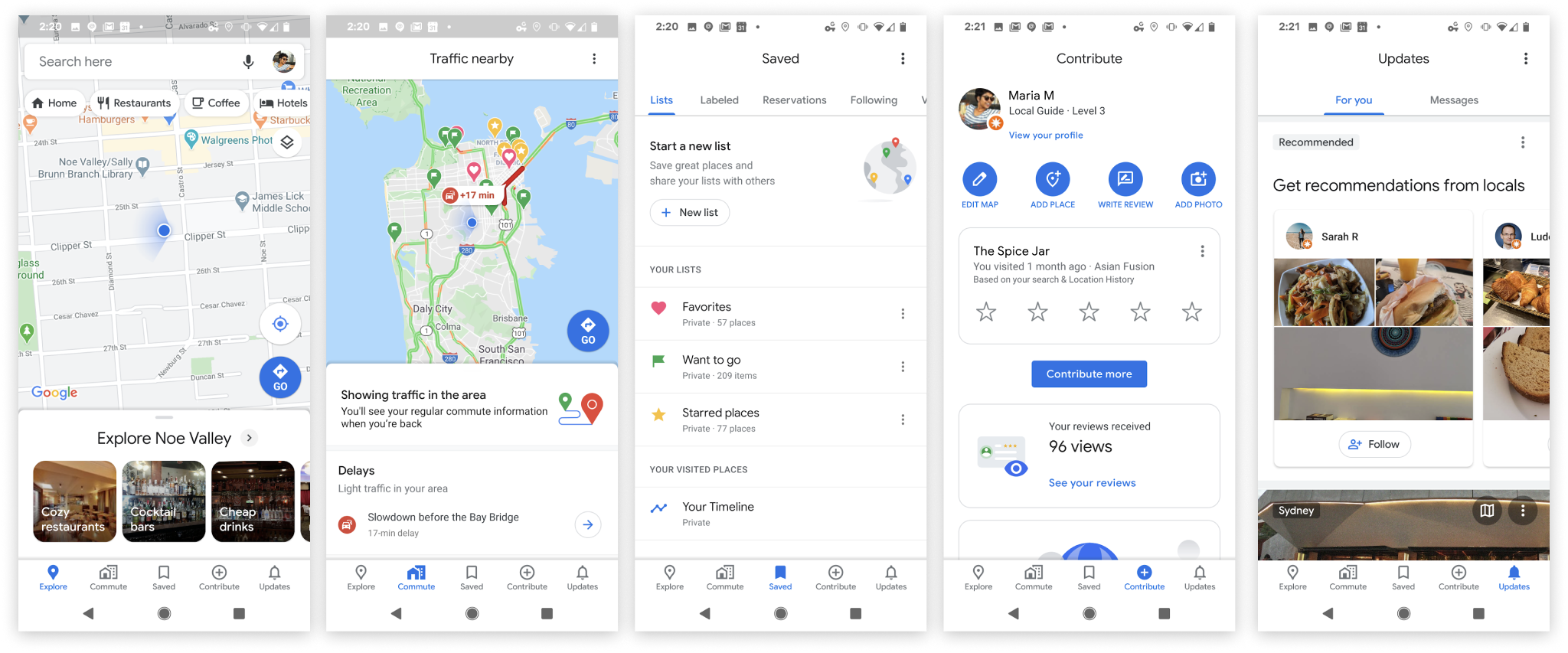 In celebration of its 15th anniversary, Google has added five easy-to-access tabs: Explore, Commute, Saved, Contribute and Updates. Photo courtesy: Google