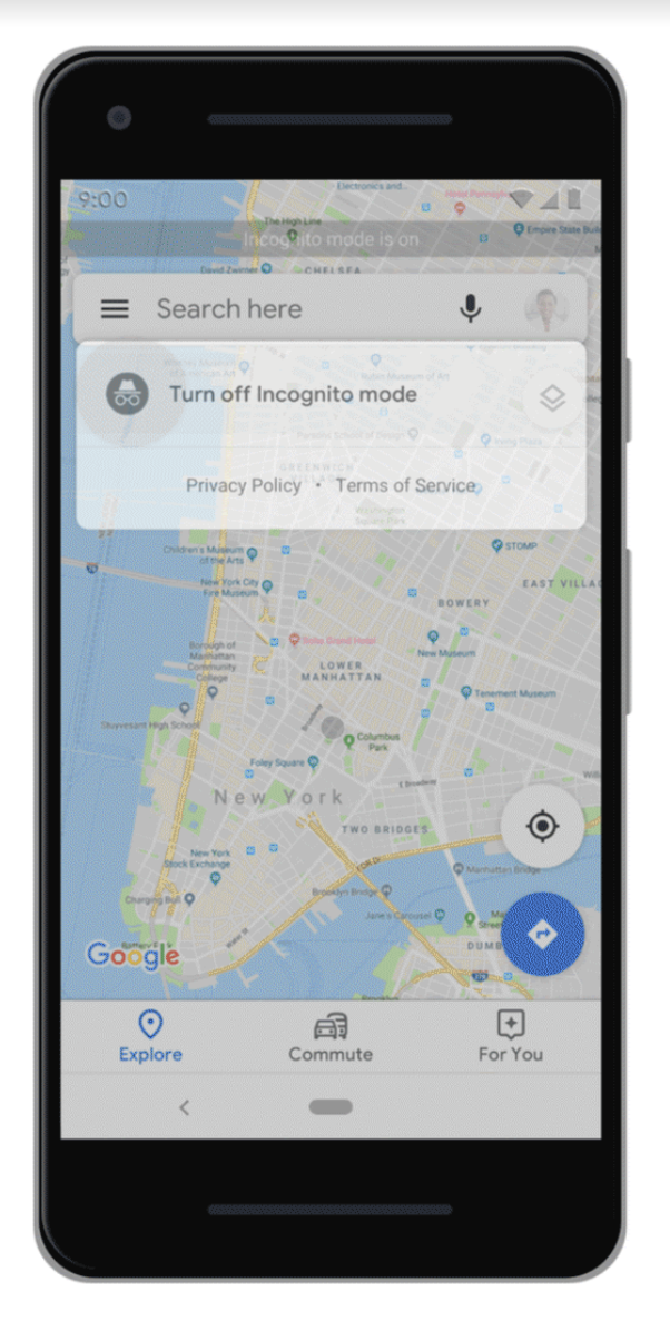 Use Incognito Mode to stop searches and places you navigate to on Google Maps from being saved to your account. Photo courtesy: Google