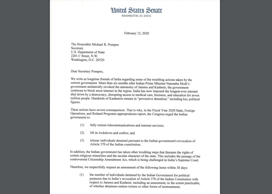 Letter written by four US Senators to Secretary of State Mike Pompeo. Courtesy: www.vanhollen.senate.gov