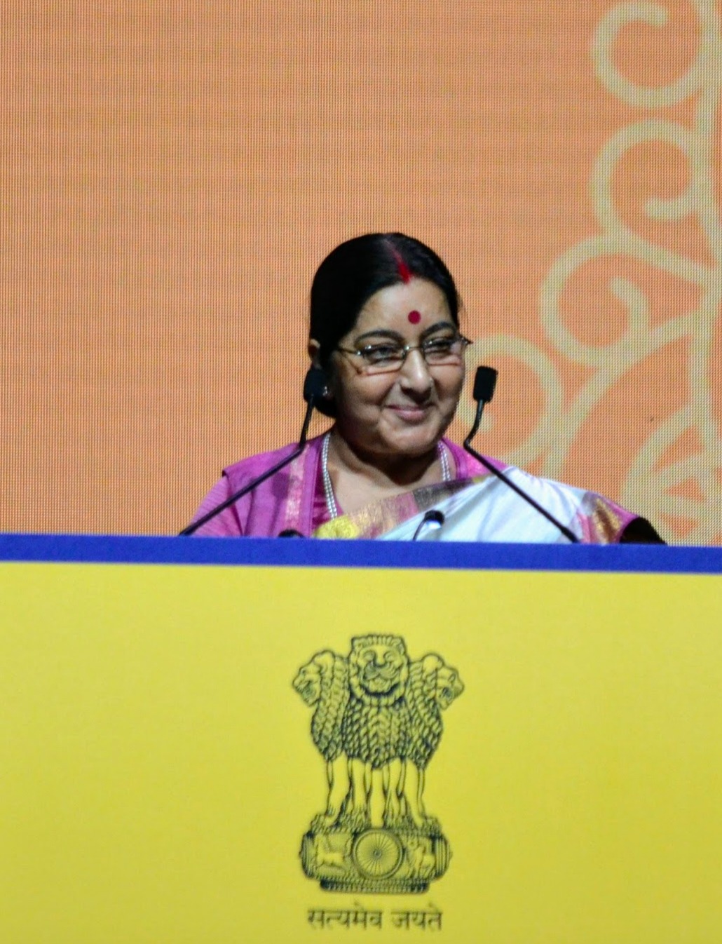 Former EAM, the late Sushma Swaraj speaking to the Indian diaspora during the Pravasi Bharatiya Divas in Singapore in 2018. File photo courtesy: Connected to India