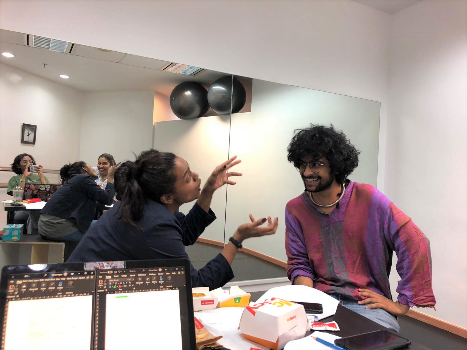 The cast of Between 5 Cows and the Deep Blue Sea, Sajini and Kewel Kartik, rehearsing for the dramatized reading. Photo Courtesy: Esplanade