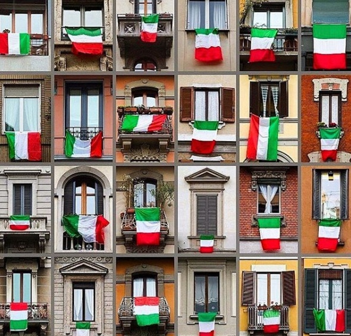 Italians hanging their national flag over the balconies or windows showing that they’re okay. Italy is the second worst affected country after China. Photo courtesy: Instagram/gianlucamandelli1