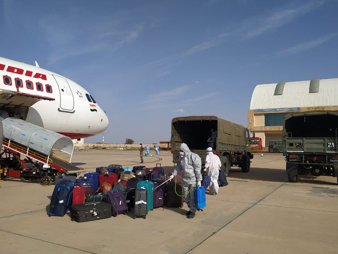 Suitcases of Indian evacuees from Iran being disinfected. Photo courtesy: Twitter/@airnewsalerts
