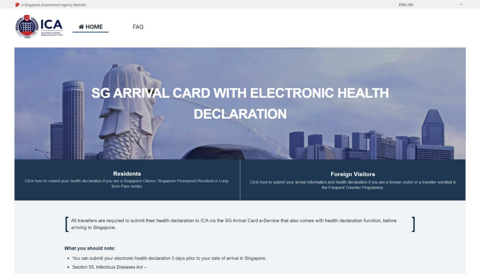 Landing page of SG Arrival Card website. Photo courtesy: ICA