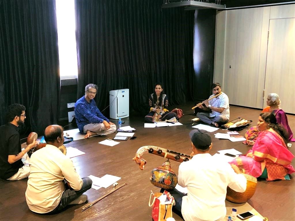 Dr Rajkumar Bharathi rehearsing with the musicians at Bhaskar Arts. Photo courtesy: Vaishnavi Anand