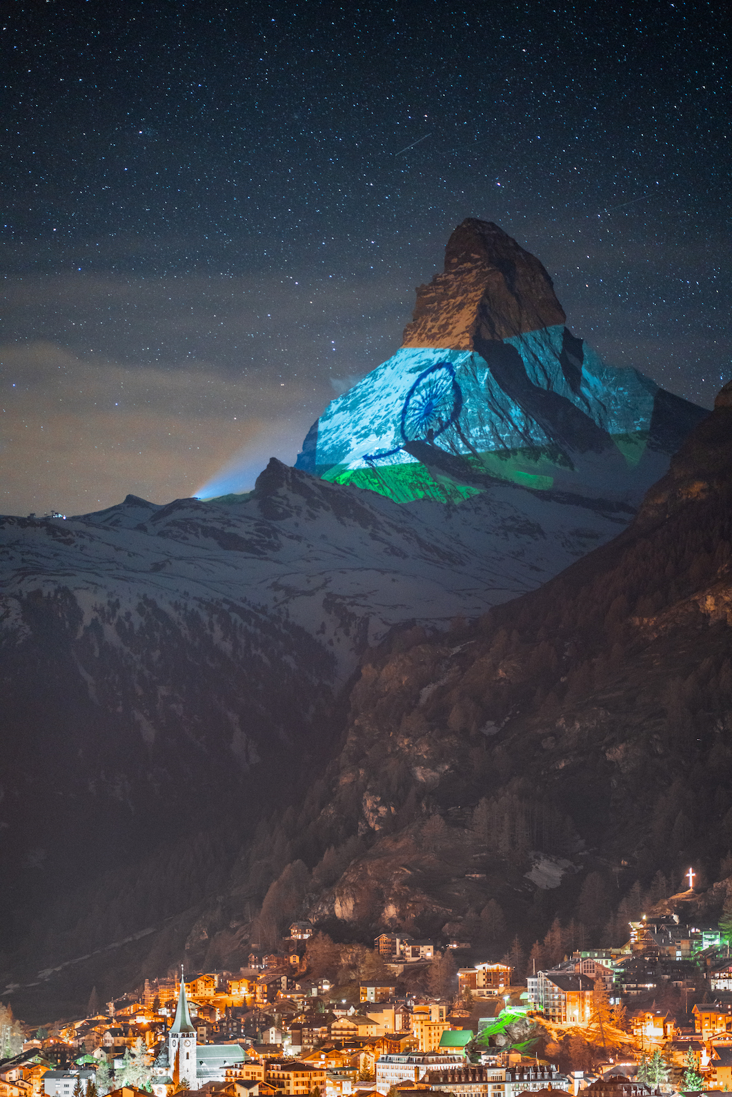 ndian flag projected onto Matterhorn in Zermatt to show solidarity against coronavirus Photo courtesy: Copyrights ©️ Light Art by Gerry Hofstetter | Photograph by Gabriel Perren