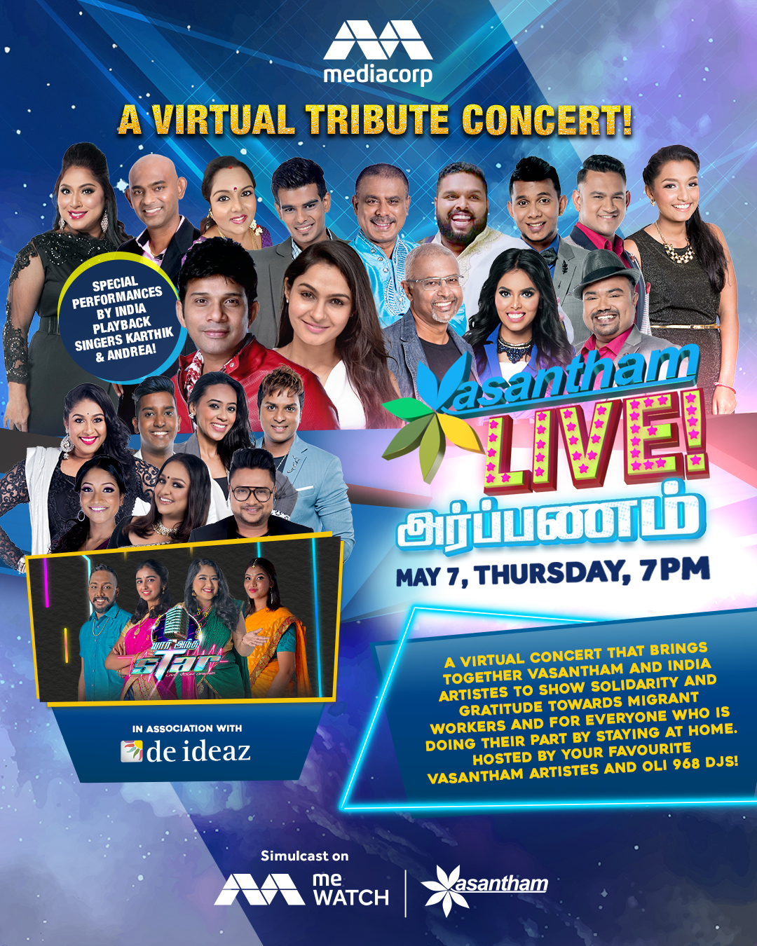 Vasantham LIVE! Arpanam will be held on Thursday, May 7, at 7pm. Photo courtesy: Mediacorp